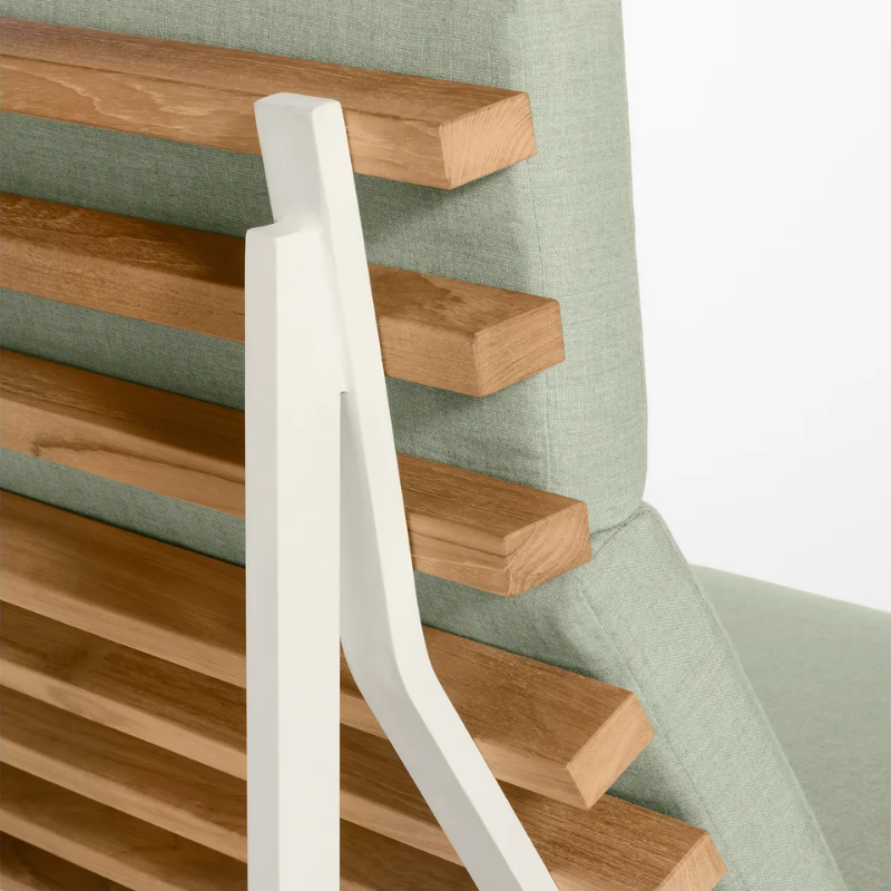 The Perch Outdoor 2 Seat Sofa from Blu Dot with white frame and sunbrella oasis upholstery close up.