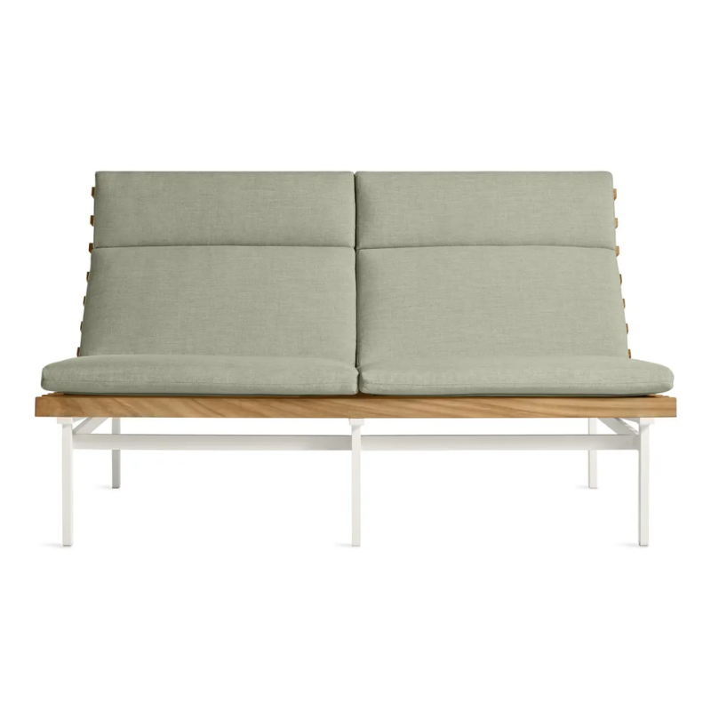 The Perch Outdoor 2 Seat Sofa from Blu Dot with white frame and sunbrella oasis upholstery.