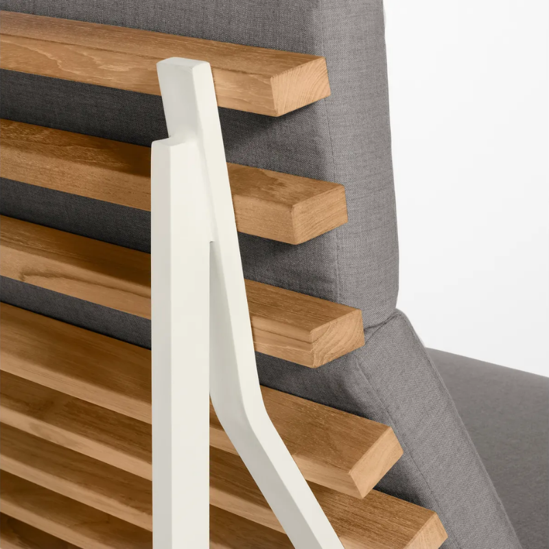 The Perch Outdoor 2 Seat Sofa from Blu Dot with white frame and toohey charcoal upholstery close up.