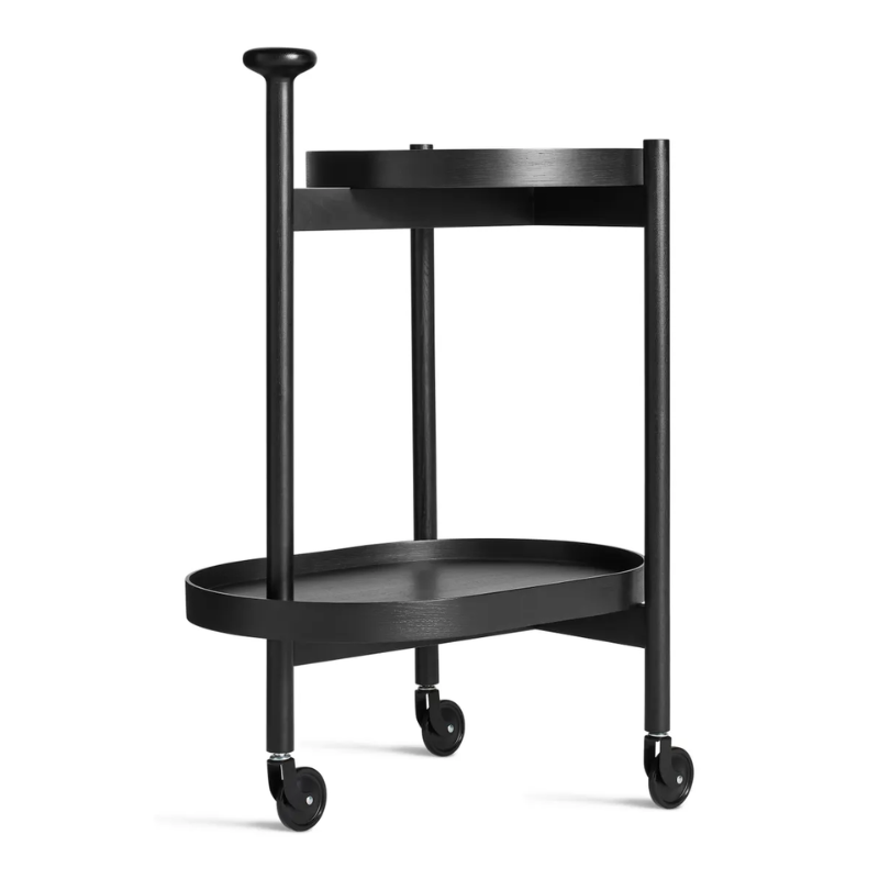 The Pose Bar Cart from Blu Dot in black on ash from an angle.