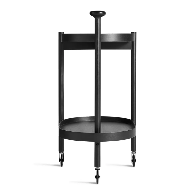 The Pose Bar Cart from Blu Dot in black on ash from the back.
