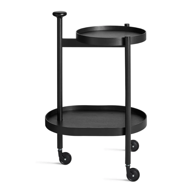 The Pose Bar Cart from Blu Dot in black on ash from the side.