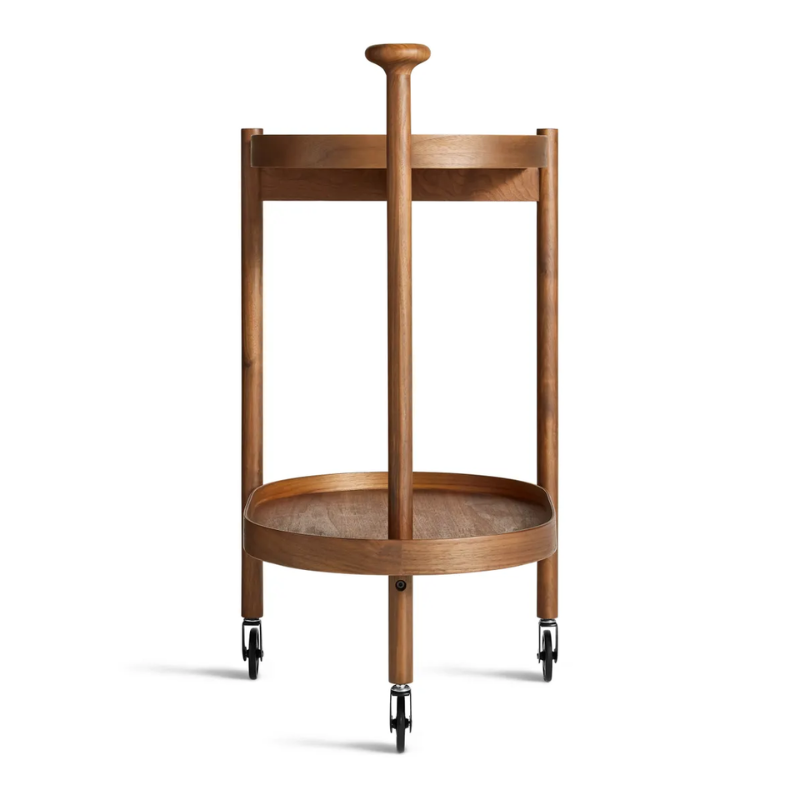 The Pose Bar Cart from Blu Dot in walnut from the back.