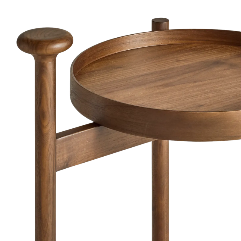 The Pose Bar Cart from Blu Dot in walnut close up.