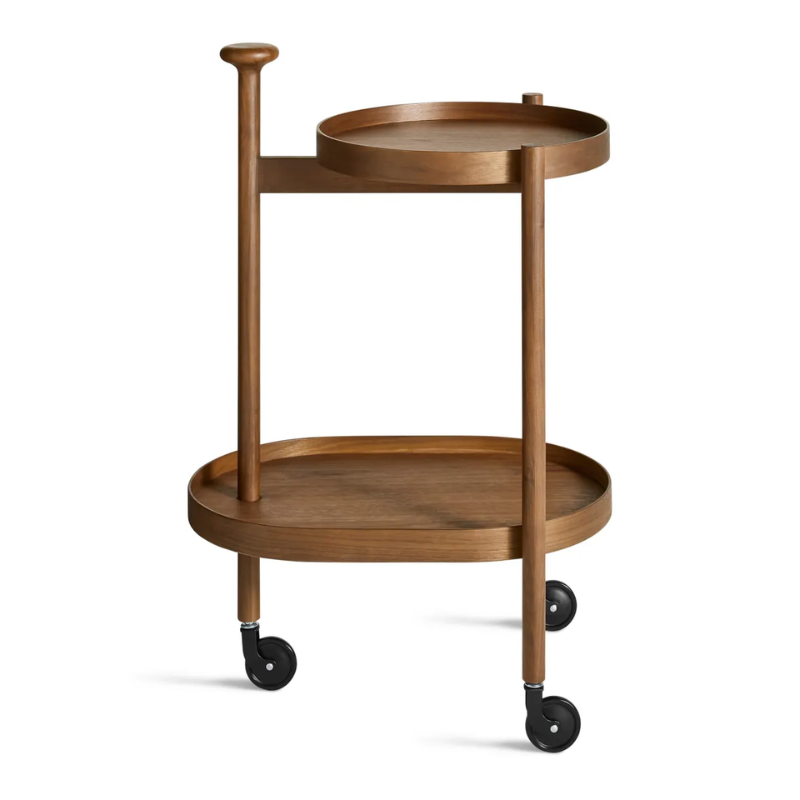 The Pose Bar Cart from Blu Dot in walnut from the side.