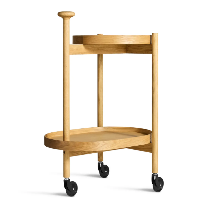 The Pose Bar Cart from Blu Dot in white oak from an angle.