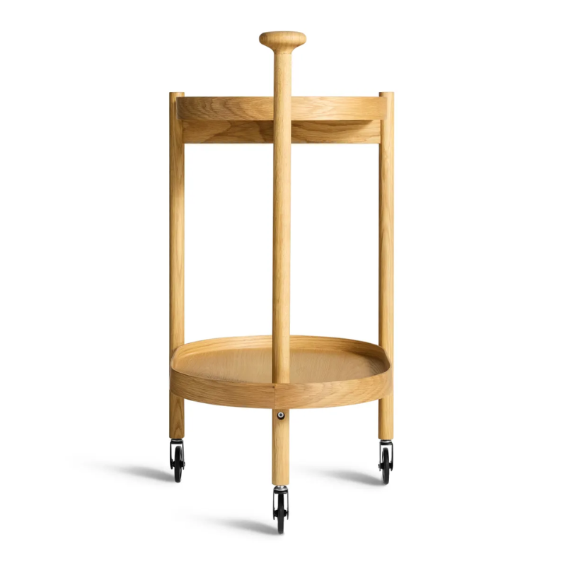 The Pose Bar Cart from Blu Dot in white oak from the back.