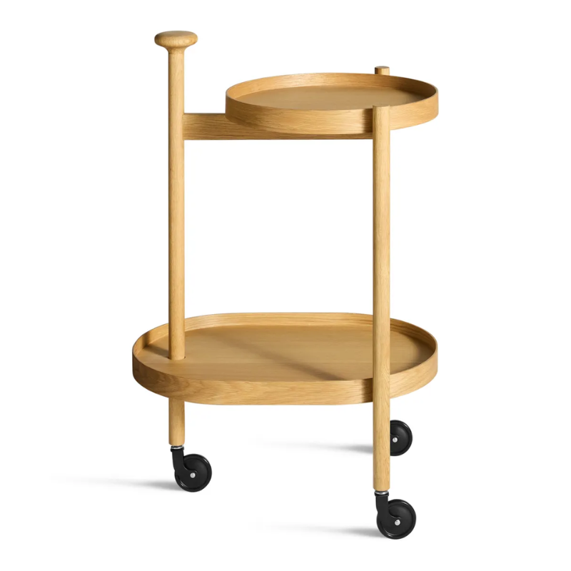 The Pose Bar Cart from Blu Dot in white oak from the side.