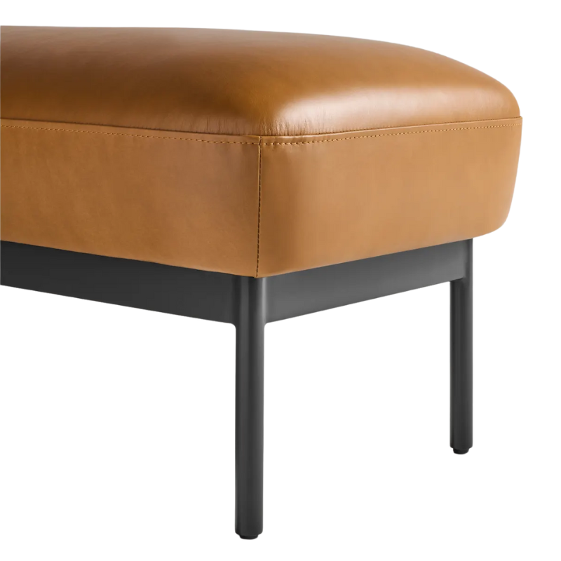 The Puff Puff Bench from Blu Dot with canyon leather upholstery close up.