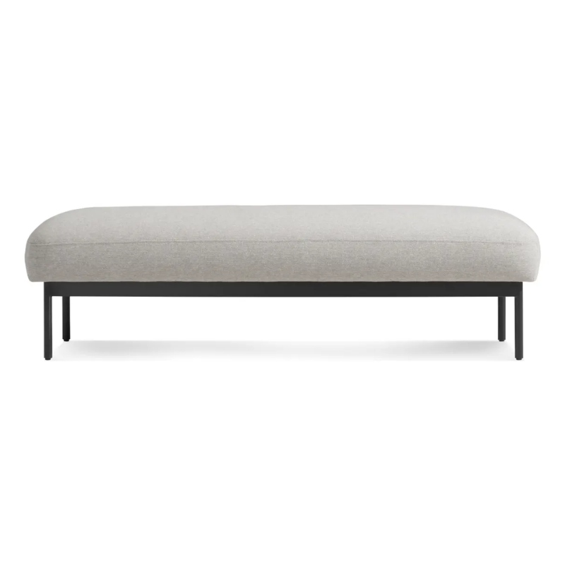 The Puff Puff Bench from Blu Dot with edwards light grey fabric upholstery.
