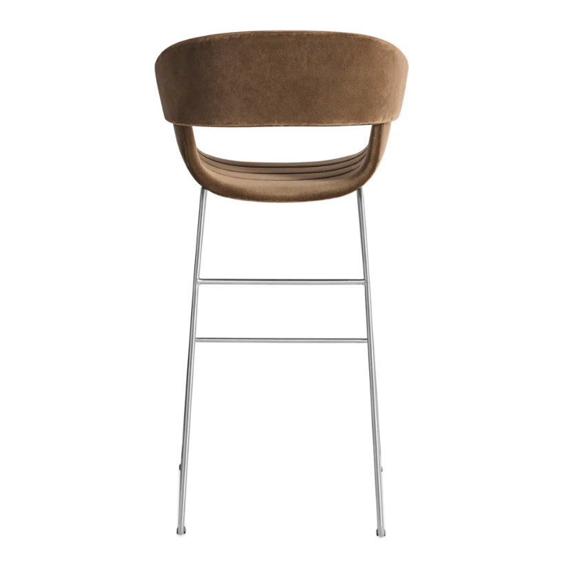 The Racer Bar Stool from Blu Dot with Coffee Velvet upholstery from the back.