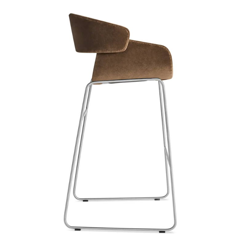The Racer Bar Stool from Blu Dot with Coffee Velvet upholstery from the side.