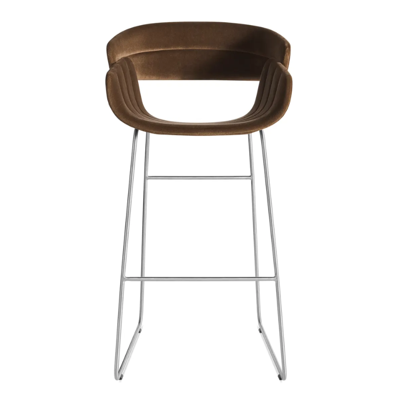 The Racer Bar Stool from Blu Dot with Coffee Velvet upholstery.
