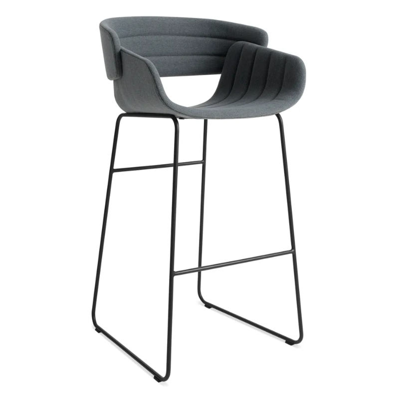 The Racer Bar Stool from Blu Dot with Maharam Mode in Machine upholstery from an angle.