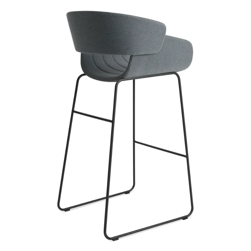 The Racer Bar Stool from Blu Dot with Maharam Mode in Machine upholstery from the back at an angle.