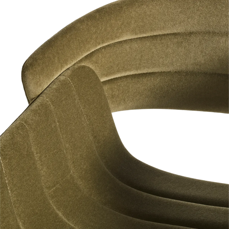 The Racer Bar Stool from Blu Dot with Moss Velvet upholstery close up.