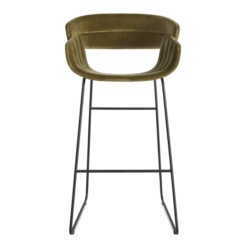The Racer Bar Stool from Blu Dot with Moss Velvet upholstery.