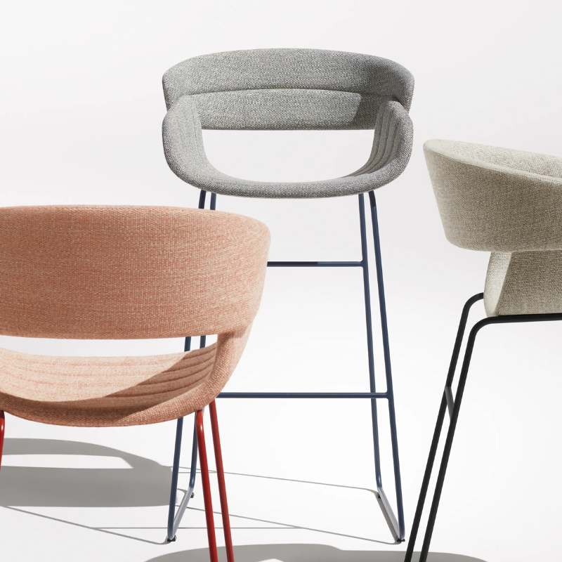 The Racer Bar Stool from Blu Dot with Tait Marine upholstery with the counter stool and dining chair from the racer collection.