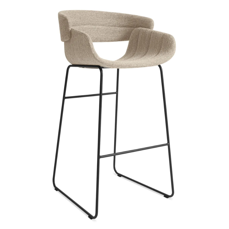 The Racer Bar Stool from Blu Dot with Tait Stone upholstery from an angle.