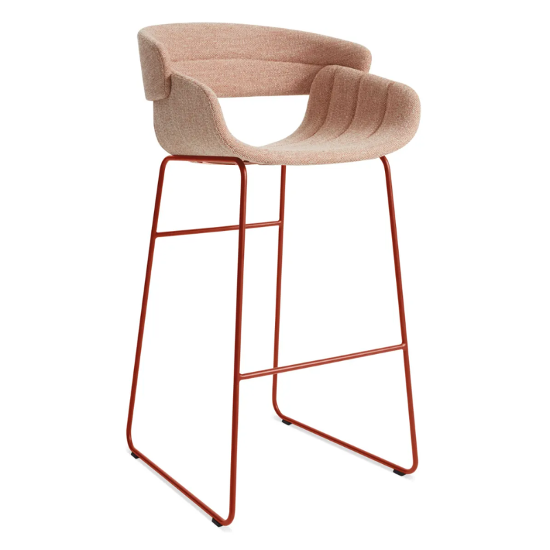 The Racer Bar Stool from Blu Dot with Tait Tomato upholstery from an angle.