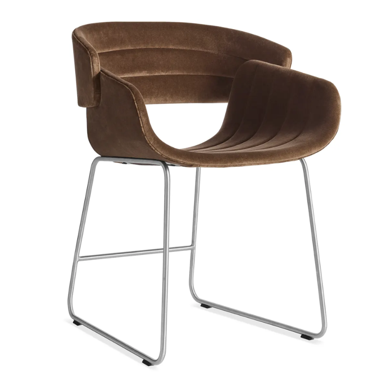 The Racer Chair from Blu Dot with Coffee Velvet upholstery from an angle.