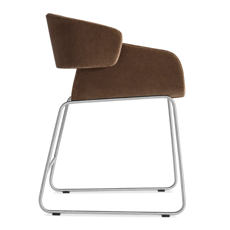 The Racer Chair from Blu Dot with Coffee Velvet upholstery from the side.