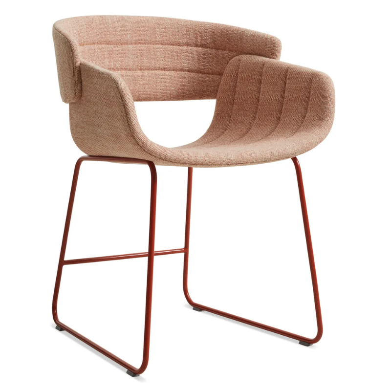 The Racer Chair from Blu Dot with Tait Tomato upholstery from an angle.