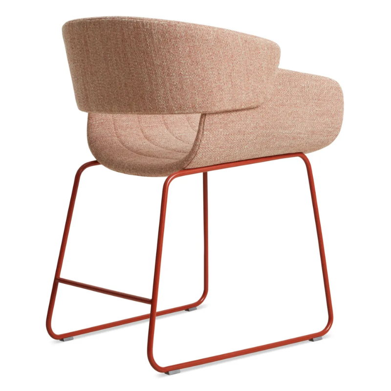 The Racer Chair from Blu Dot with Tait Tomato upholstery from the back at an angle.