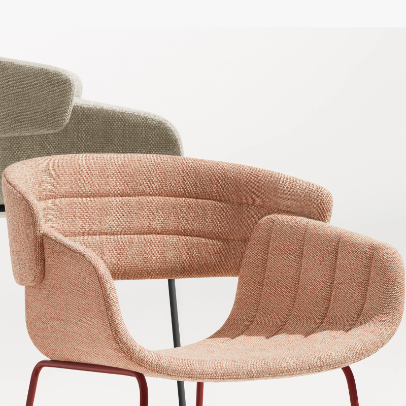 The Racer Chair from Blu Dot with Tait Tomato upholstery with the Tait Stone color option.