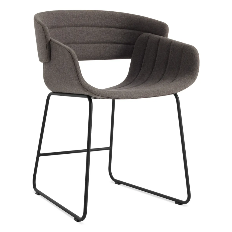 The Racer Chair from Blu Dot with Toohey Charcoal upholstery from an angle.