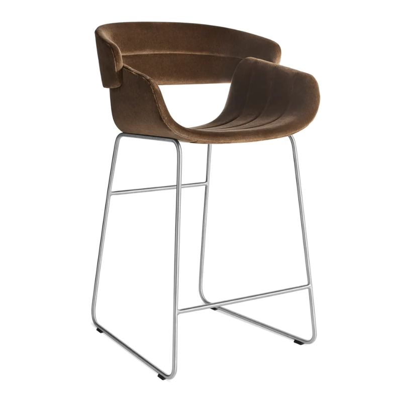The Racer Counter Stool from Blu Dot in Coffee Velvet upholstery from an angle.