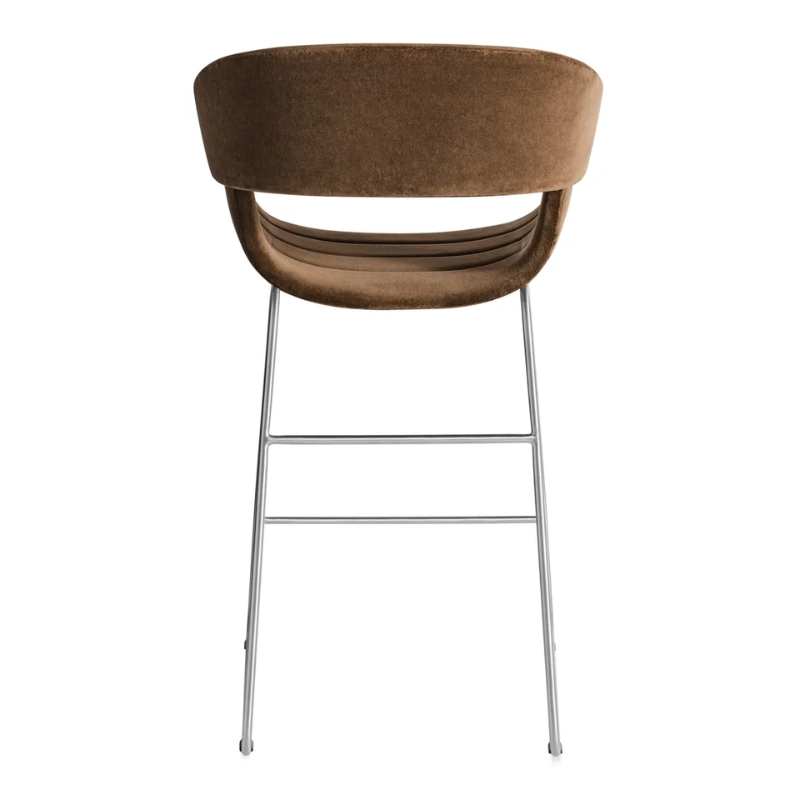 The Racer Counter Stool from Blu Dot in Coffee Velvet upholstery from the back.