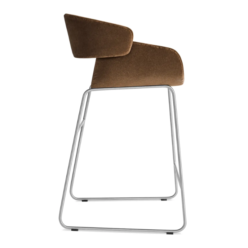 The Racer Counter Stool from Blu Dot in Coffee Velvet upholstery from the side.