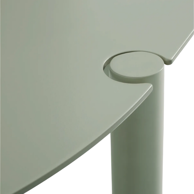 The Round Comeuppance Dining Table from Blu Dot in grey green corner.