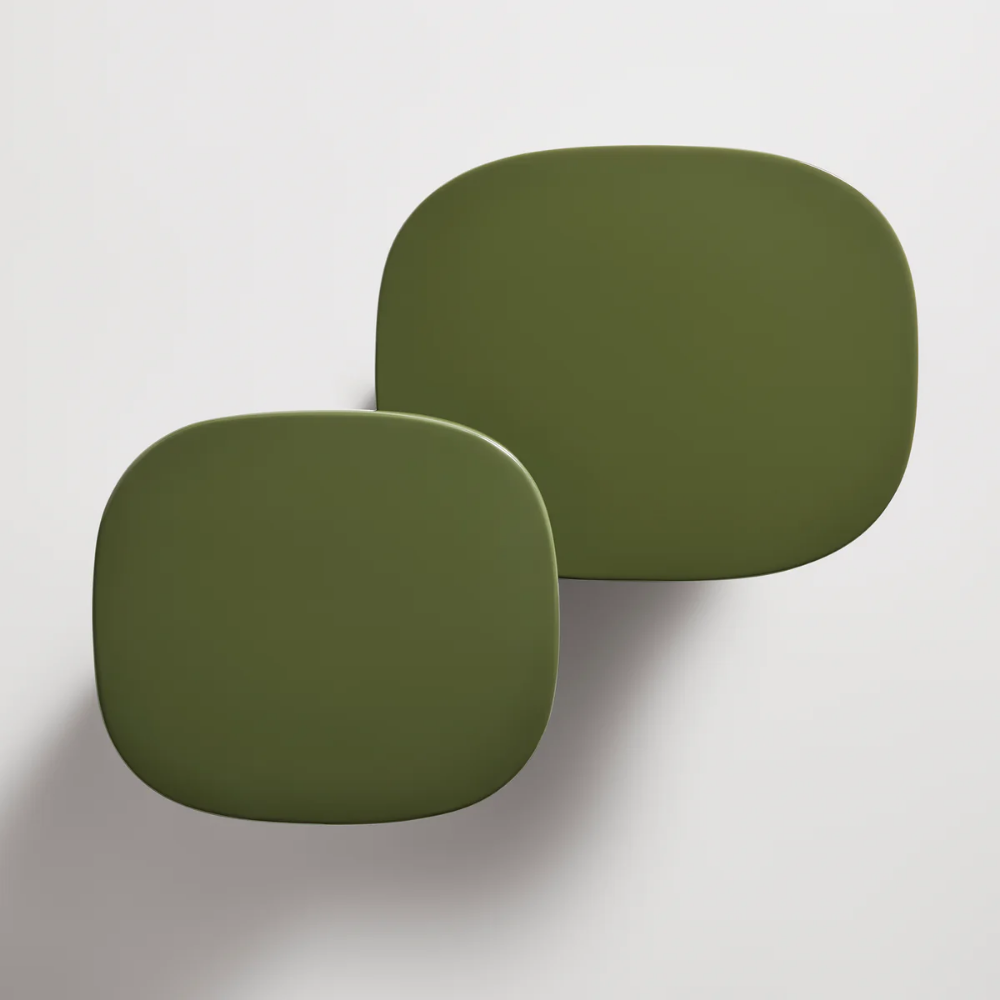 The olive Small Talk Side Table from Bludot with short and tall from top view.
