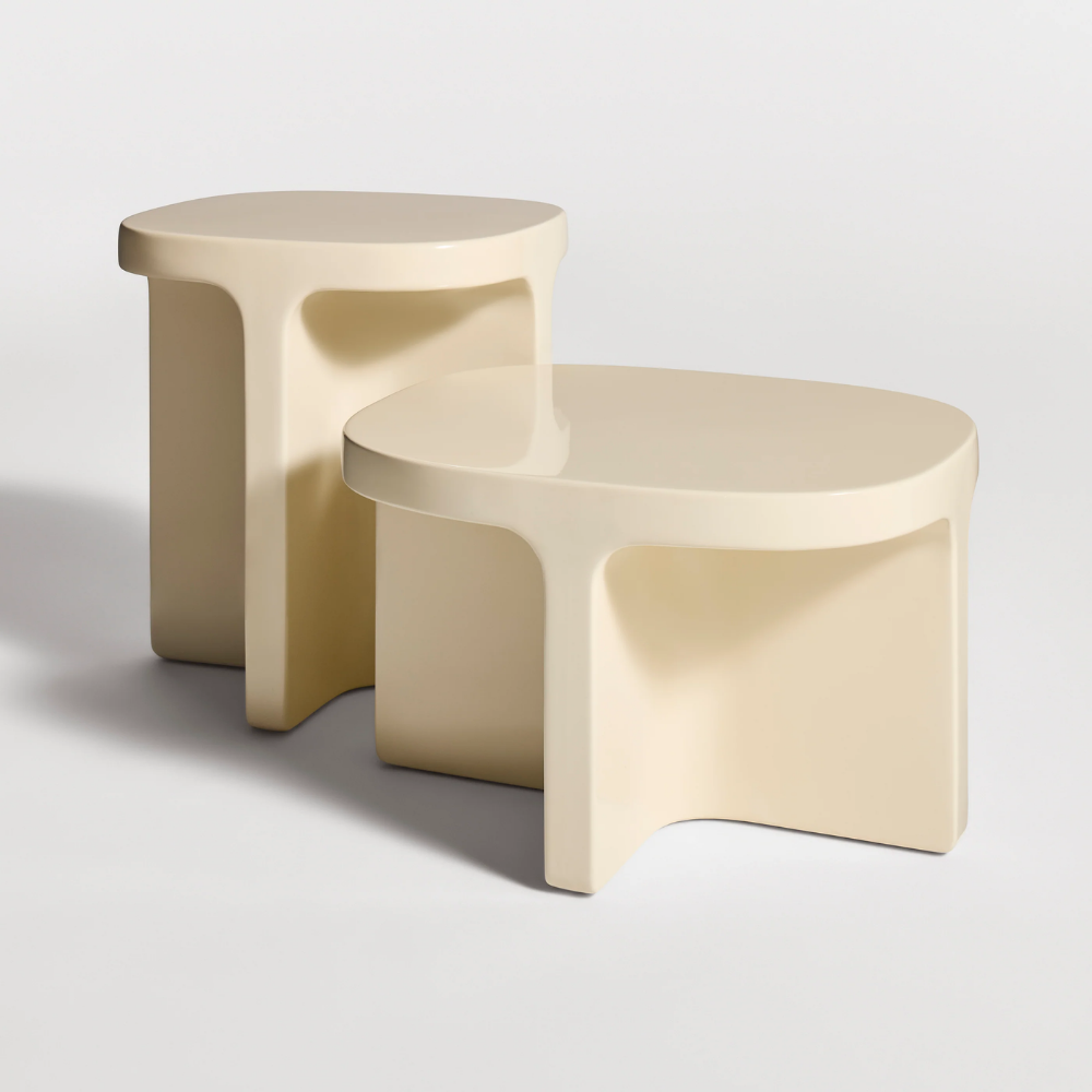 The ivory Small Talk Side Table from Bludot with short and tall side tables.