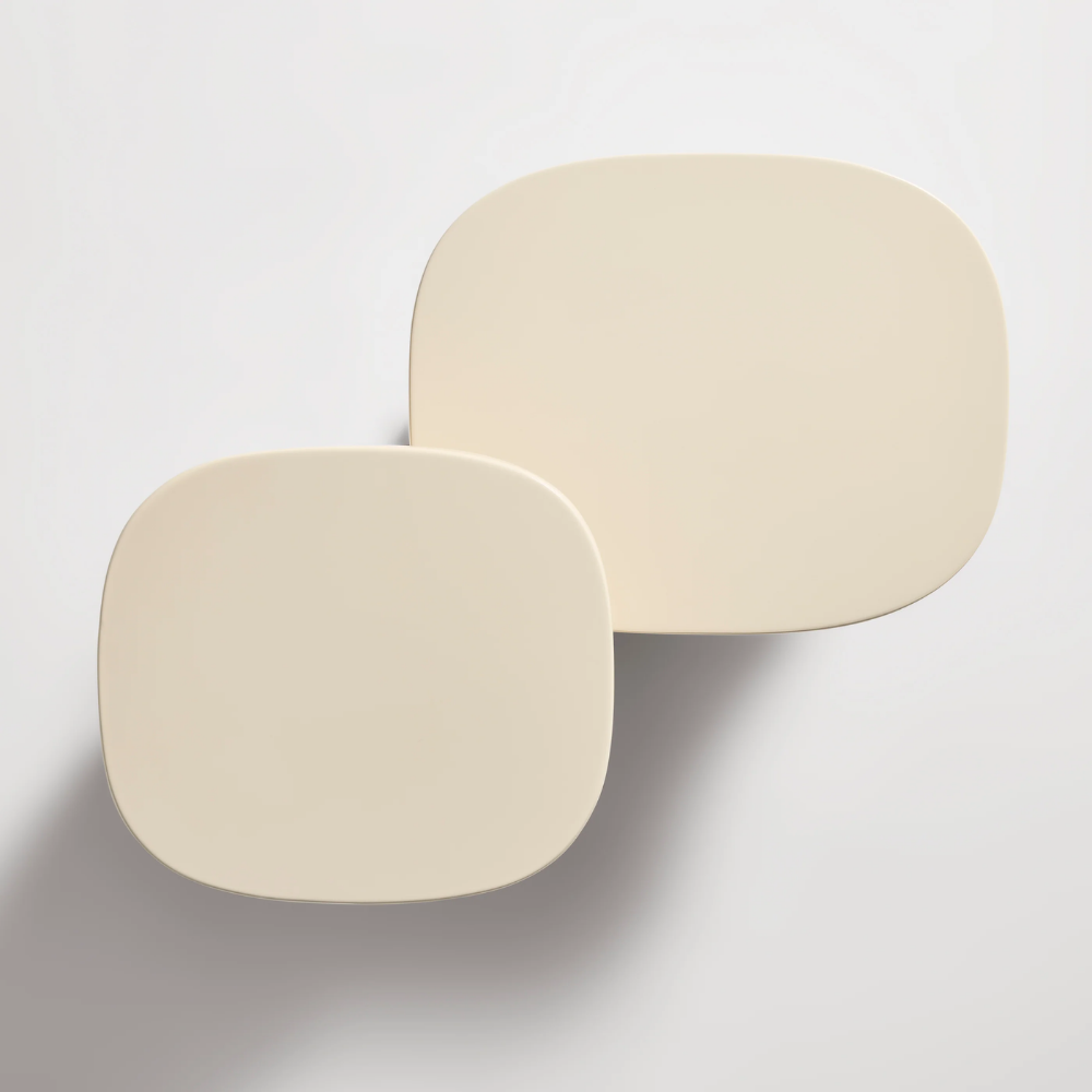 The ivory Small Talk Side Table from Bludot with short and tall from top view.