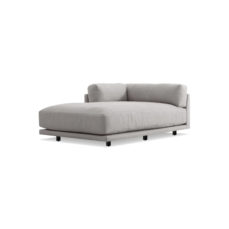 The left Sunday Chaise by Blu Dot in agnew grey from an angle.