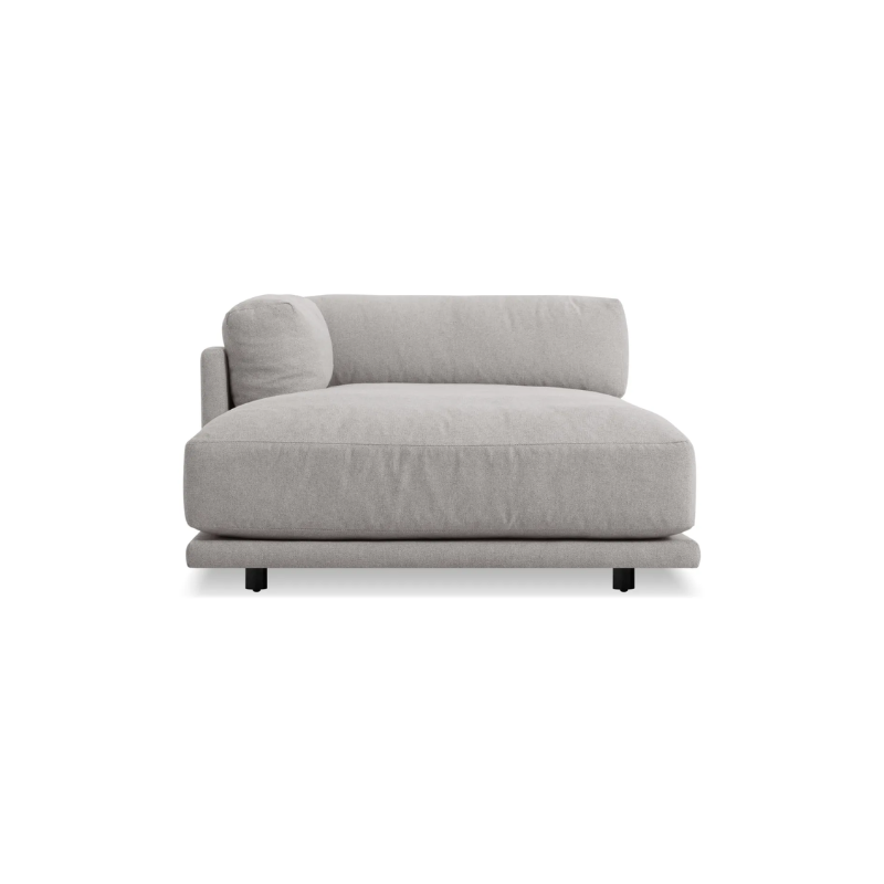The left Sunday Chaise by Blu Dot in agnew grey from the front.