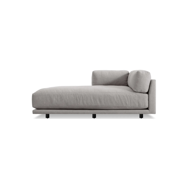 The left Sunday Chaise by Blu Dot in agnew grey.