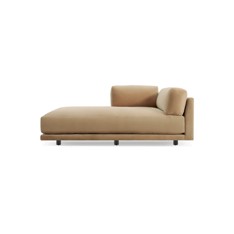 The left Sunday Chaise by Blu Dot in camel velvet.