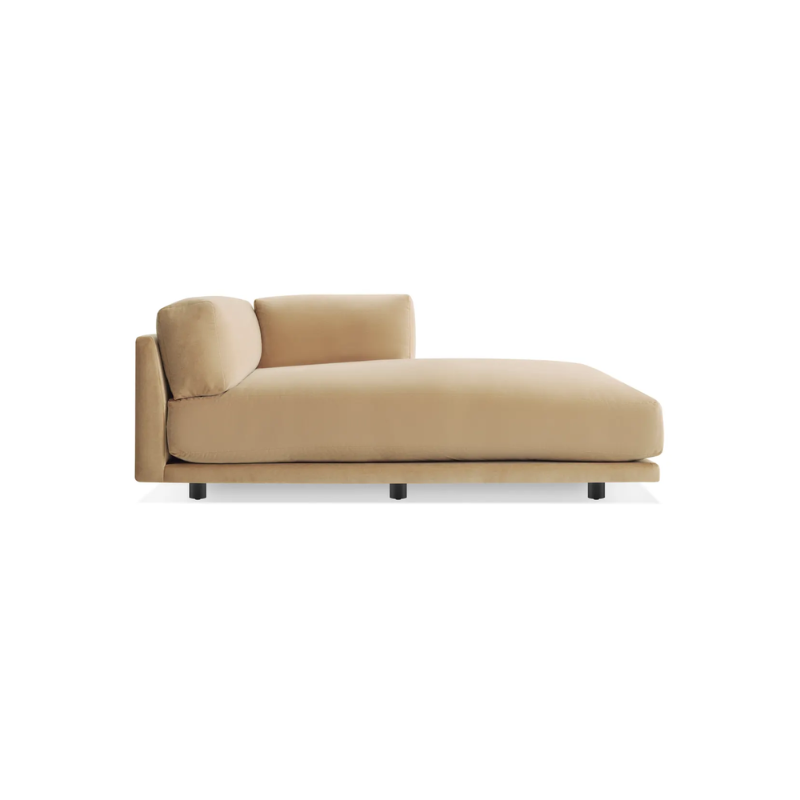 The right Sunday Chaise by Blu Dot in camel velvet.