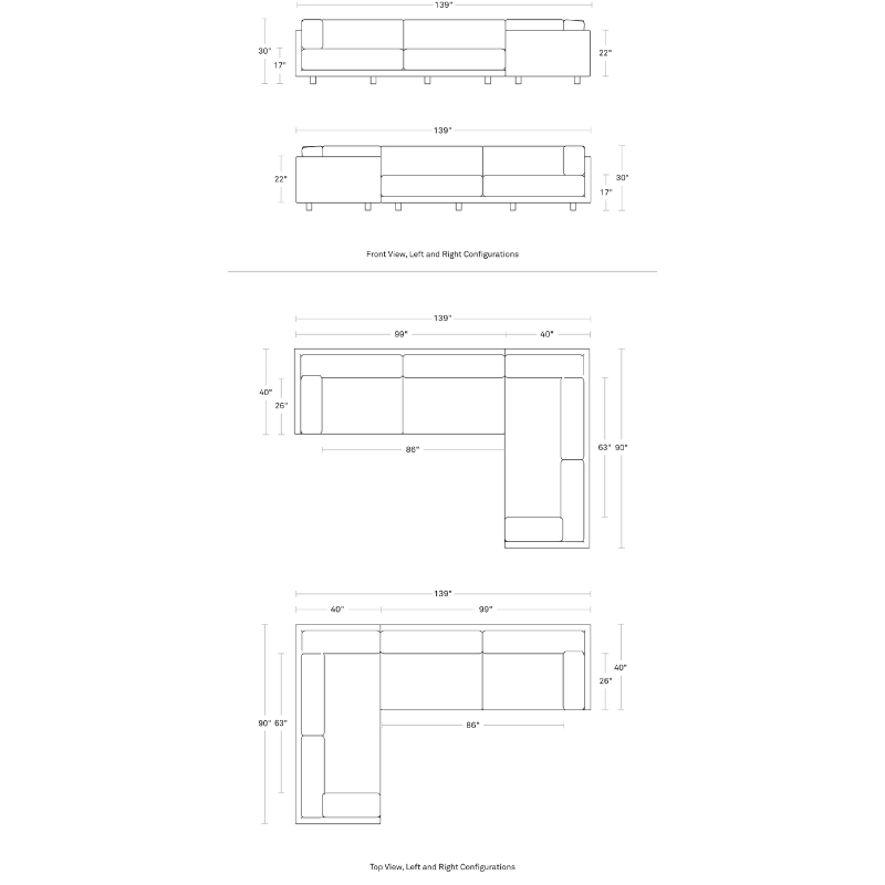 The Sunday L Sectional Sofa by Blu Dot dimensions.