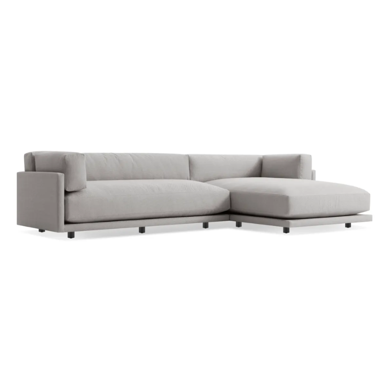 The Sunday Small Sofa with Chaise by Blu Dot in agnew grey with right chaise from an angle.