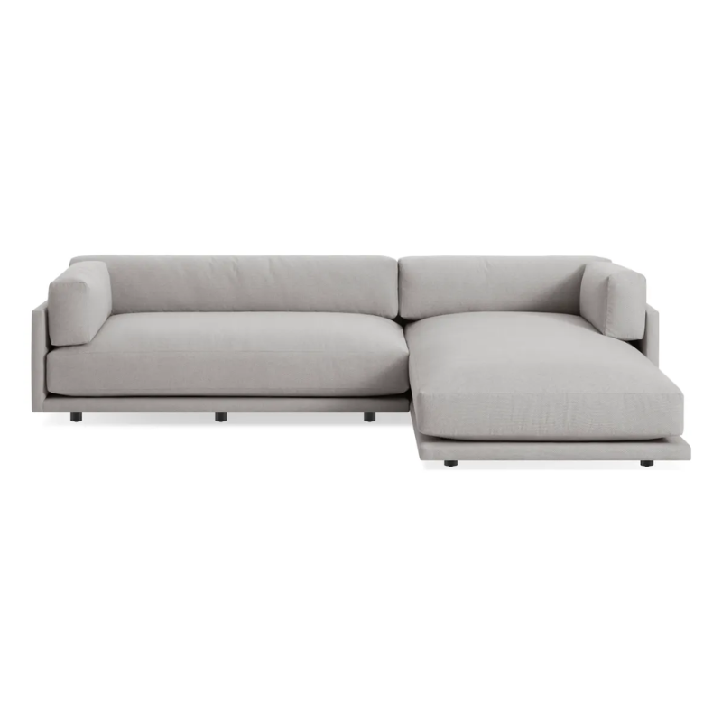 The Sunday Small Sofa with Chaise by Blu Dot in agnew grey with right chaise from a high angle.