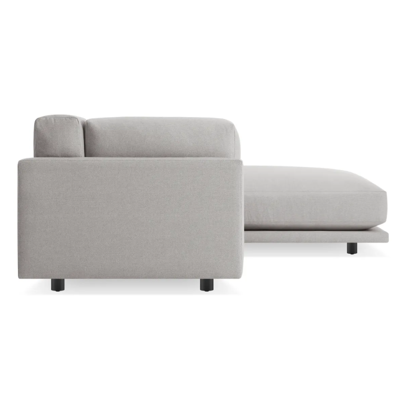 The Sunday Small Sofa with Chaise by Blu Dot in agnew grey with right chaise from a side view.