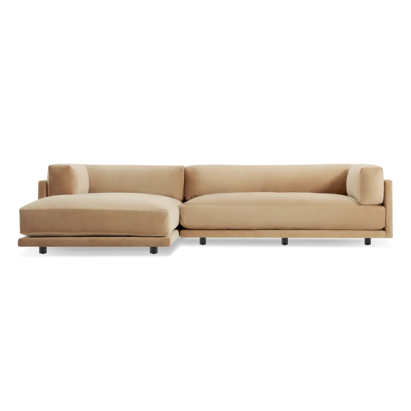 The Sunday small Sofa with Chaise by Blu Dot in camel velvet with left chaise.