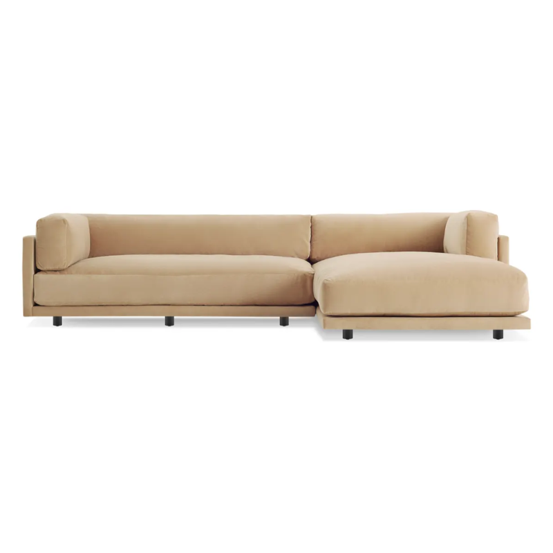 The Sunday small Sofa with Chaise by Blu Dot in camel velvet with right chaise.