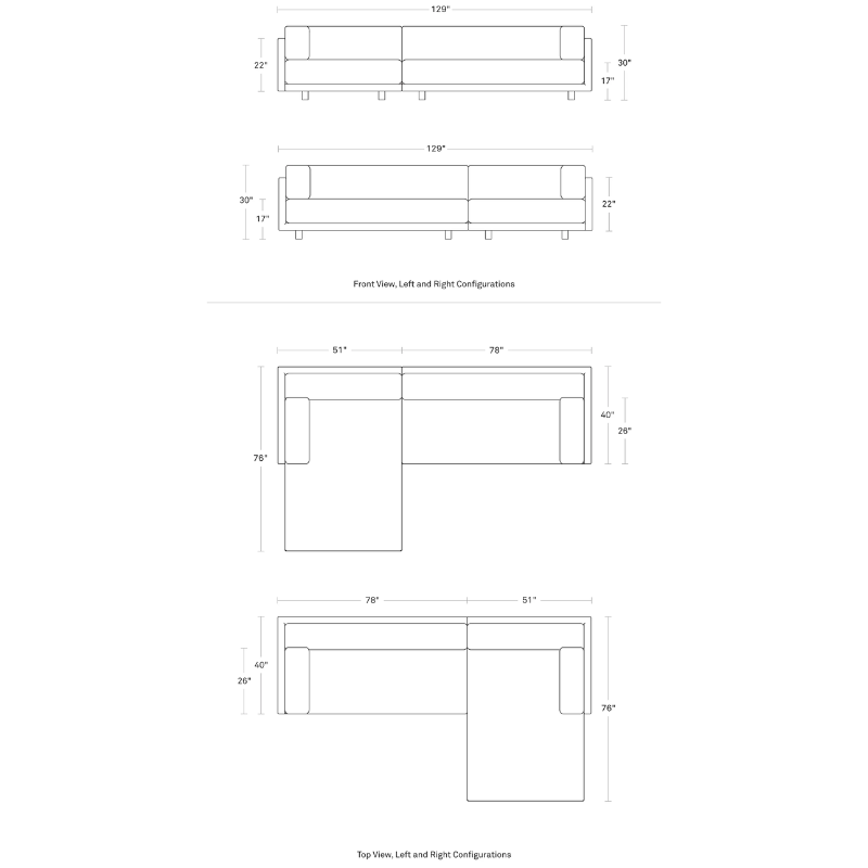 The Sunday small Sofa with Chaise by Blu Dot dimensions.