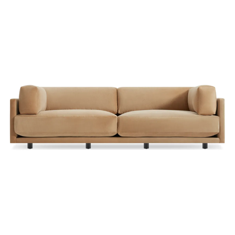 The Sunday 102 inch Sofa from Blu Dot in camel velvet.